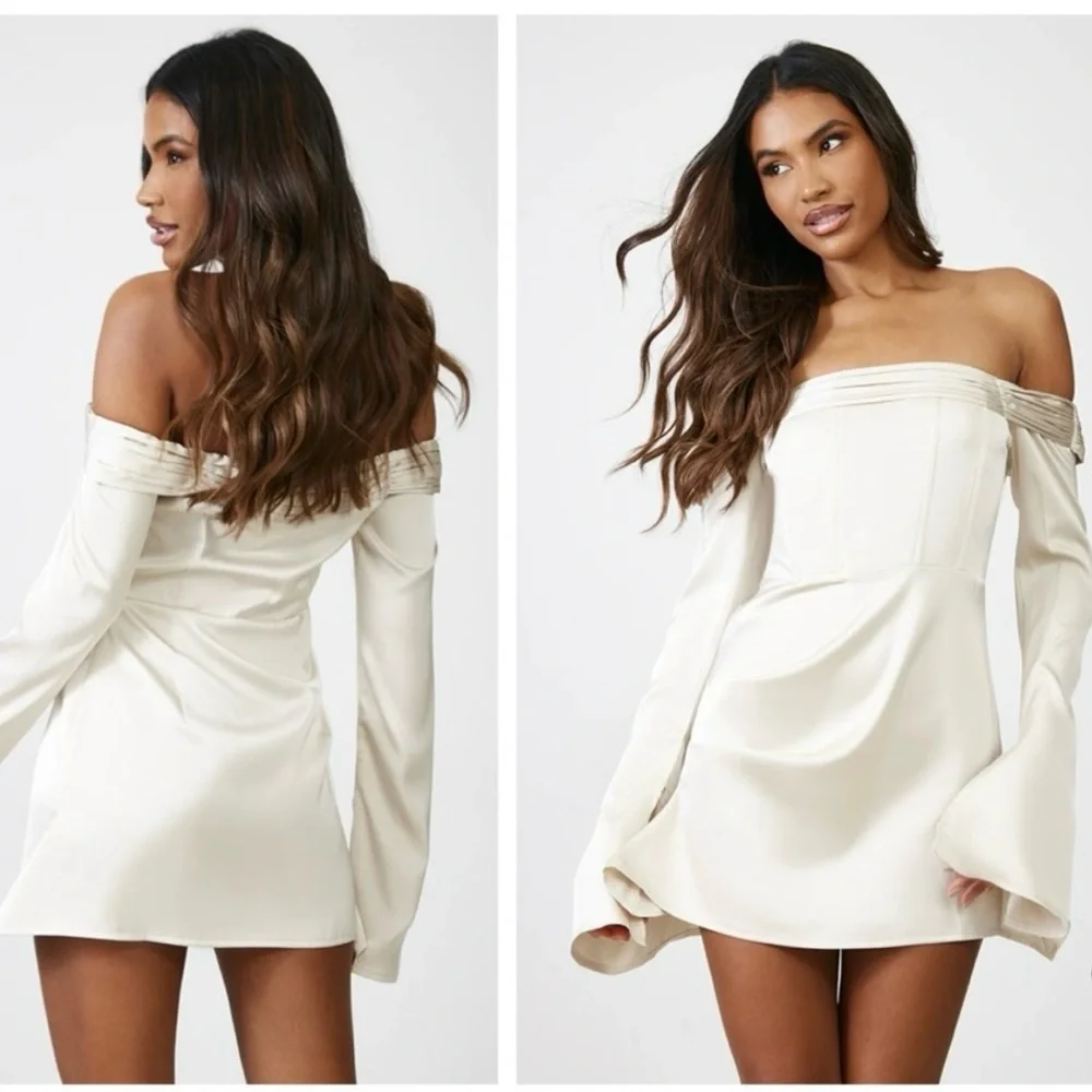 PLT| Womens Champagne Satin Pleat Detail Bardot Flared Sleeve Shift Dress NWT 4 - Picture 6 of 7